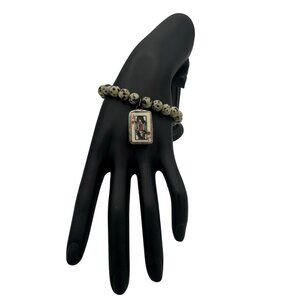 Dalmatian Jasper Beaded Bracelet With Playing Card Tile Pendant